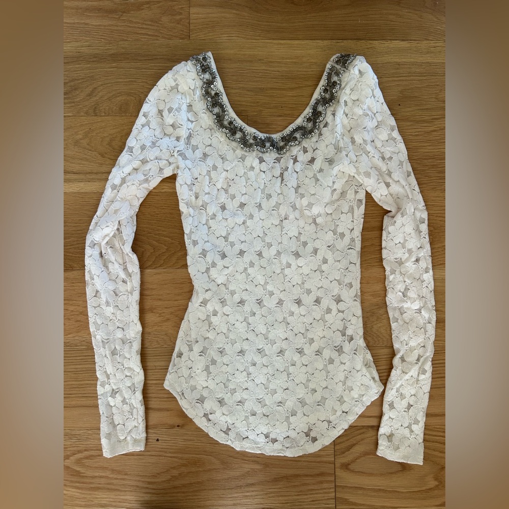 Free People White Lace Shirt with Beaded Trim XS Extra Small